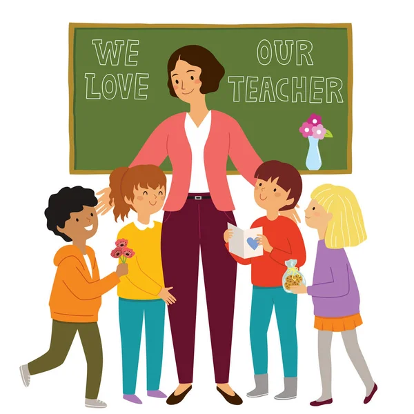 Teachers Day School Kids Give Flowers Presents Loving Teacher Show — Stock Vector