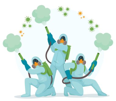 People in hazmat suits and protective masks standing in superheroes pose and spraying disinfecting gas to kill viruses. clipart