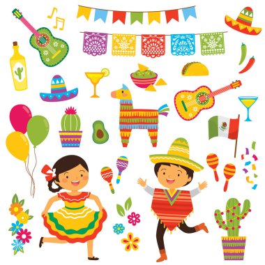 Geleneksel Meksika kostümlü çocuklarla Cinco de Mayo seti ve bayram sembolleri koleksiyonu.