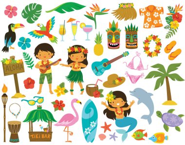Tropik klitoris seti. Hawaii hula dansçıları, plajla ilgili eşyalar ve yaz için diğer karikatürler..