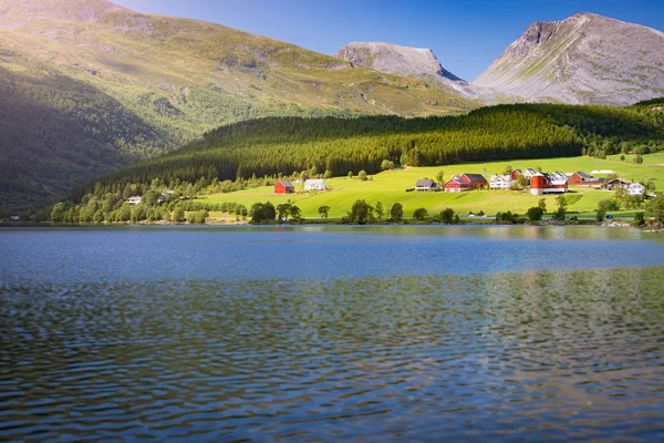 Norveç ülke evleri. Göl ve çayırlar. — Stok fotoğraf