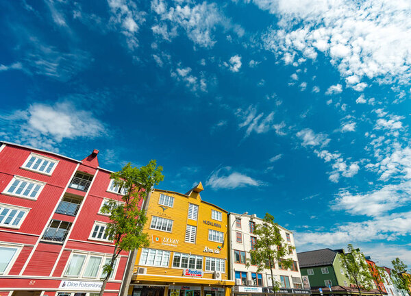 Trondheim, Norway - July 27, 2013. Trondheim, Norway. View of central city part with historic architectural style. Popular tourist destination in Scandinavia, Europe