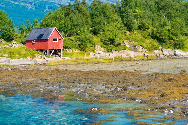 Celeiro na Noruega, Europa. Montanha, rio e floresta — Fotografia de Stock