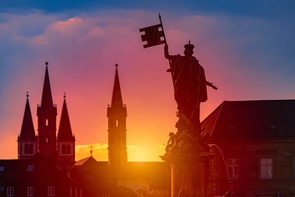 Solnedgång Över Staden Wurzburg Bayern Tyskland Vacker Himmel Med Sol — Stockfoto