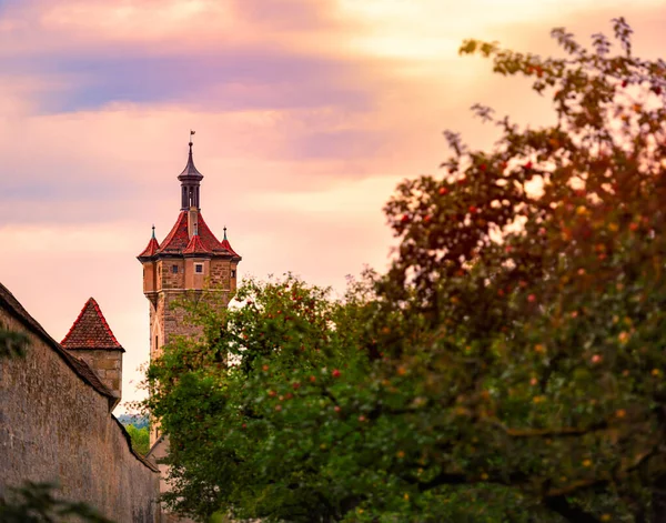 Rothenburg Der Tauber Miasto Bawarii Niemcy Europa Wieża Ściana Zachodem — Zdjęcie stockowe