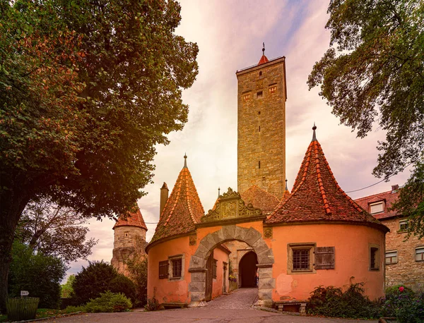 Rothenburg Der Tauber Місто Баварії Німеччина Вежа Стіна Заходом Сонця — стокове фото