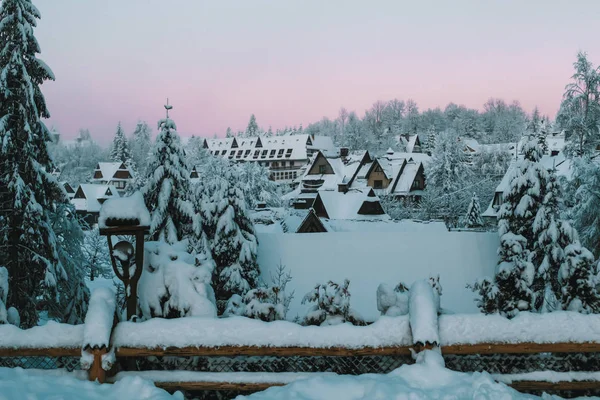 Winter morning in a snowy mountain village. Zakopane - Poland — Stock Photo, Image