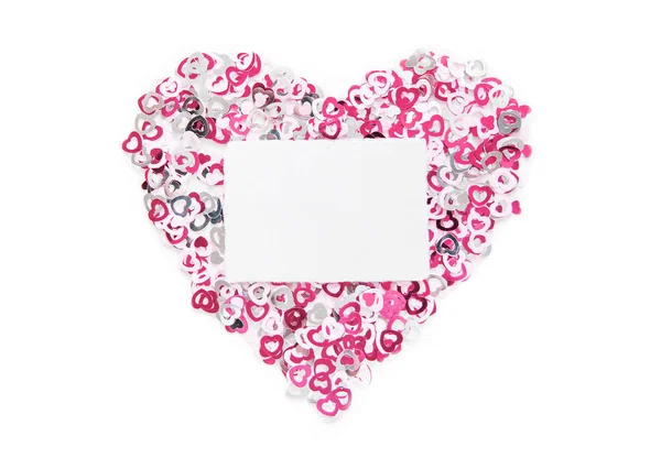 Valentijnsdag wenskaart op roze en rood hart achtergrond. Stockfoto