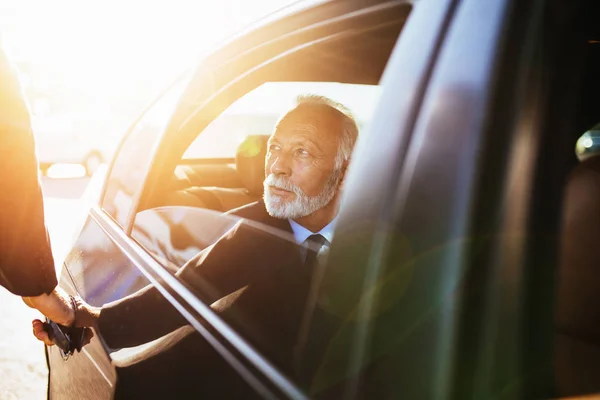 Senior Business Man Sitting His Limousine Business Concept — Stock Photo, Image