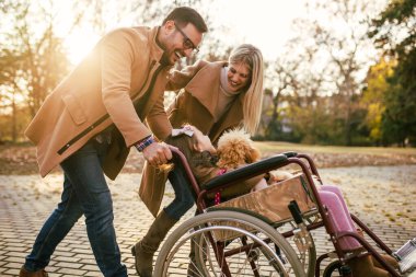 Tekerlekli sandalyedeki güzel kız parkta annesi, babası ve köpeğiyle eğleniyor..