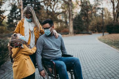 Dışarıda parkta koruyucu maskeli genç bir aile. Hava kirliliği kavramı.