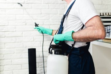 İşteki ilaçlamacı ilaçlama için sprey sıkar.. 