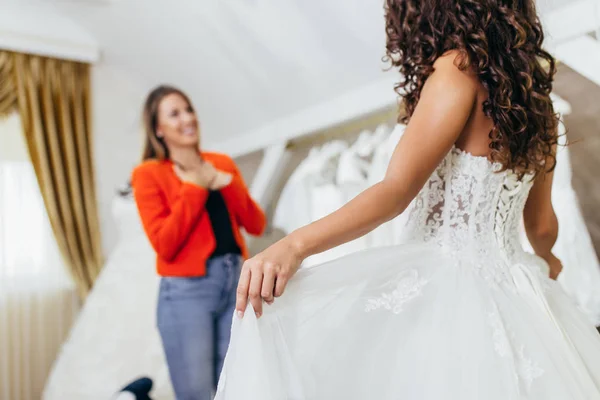 Beautiful Young Brunette Woman Choosing Wedding Dress Bridal Salon — Stock Photo, Image
