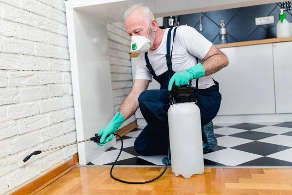 Kammerjäger Arbeitskleidung Versprüht Pestizid Mit Sprüher — Stockfoto