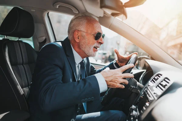 Nervous Senior Good Looking Businessman Getting Angry Nervous Because Traffic — Stock Photo, Image