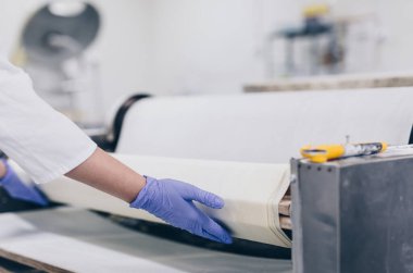 Genç bayan işçi büyük bir fırında çalışıyor. Pasta hazırlama.