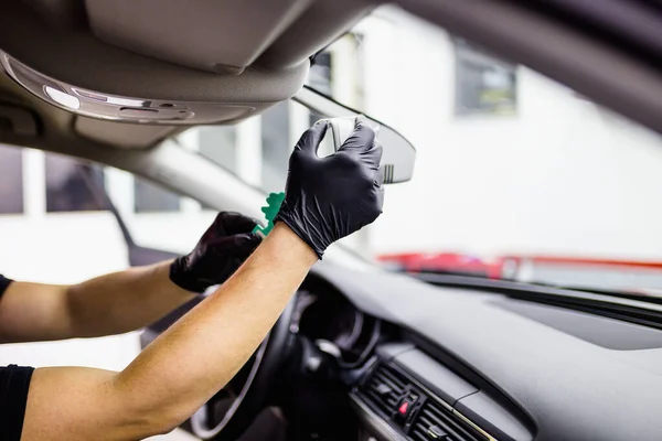 Close Man Cleaning Car Interior Car Detailing Concept Selective Focus — Stock Photo, Image