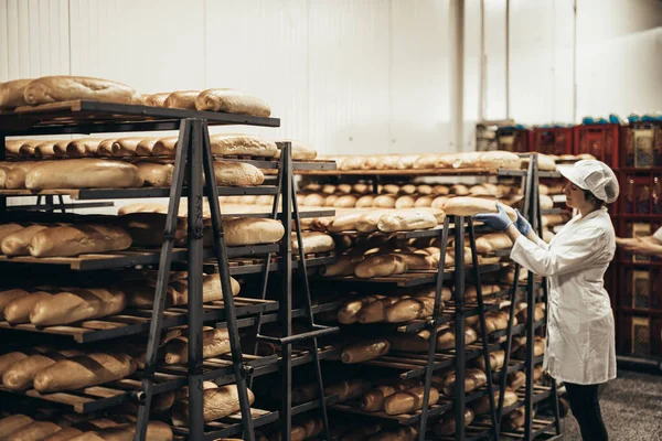 Pekerja Wanita Muda Bekerja Toko Roti Dia Menaruh Roti Rak — Stok Foto