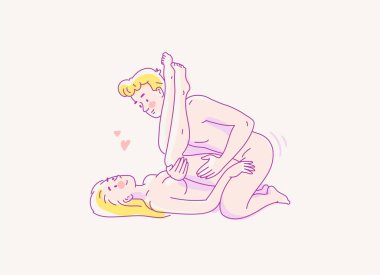 Kama Sutra seks pozisyonu. Kadının üstünde, alttan bir adam. Çizgi vektör illüstrasyon-02