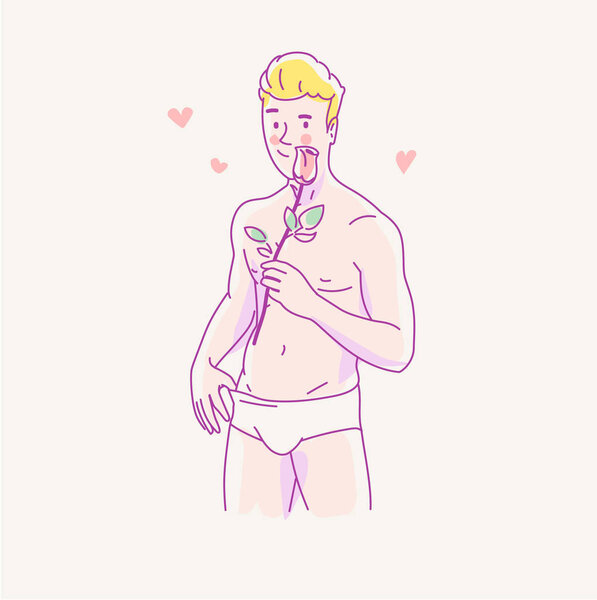 молодой голый мужчина держит в руке розу и поздравляет с женским днем. Линейная векторная иллюстрация
