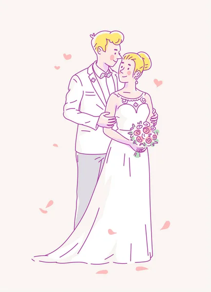 Jovem noivo em traje branco e noiva em vestido de noiva e flores se casar. Ilustração da linha vetorial —  Vetores de Stock
