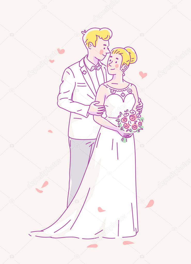 Young groom in white costume and bride in wedding dress and flowers get married. Vector line illustration