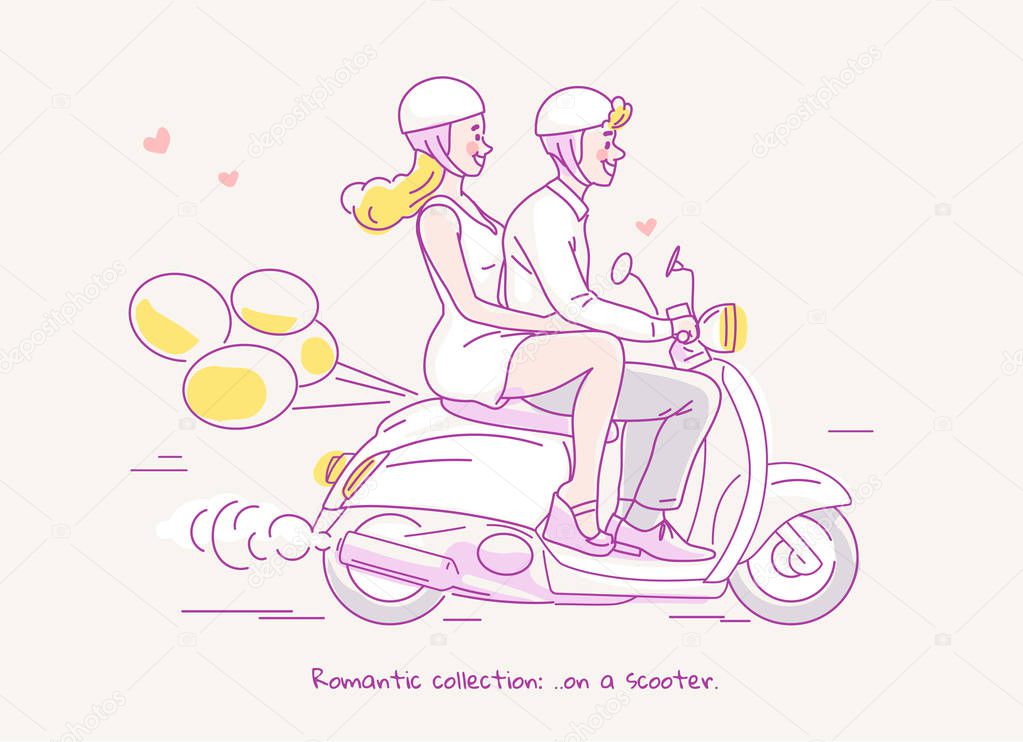 Young couple traveling on scooter with balloons behind. Line vector illustration