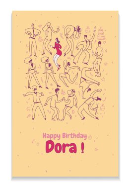 Arkadaşlar doğum günü için yaratıcı kişisel tebrik kartı. Parti dans insanlar. Çizgi vektör çizim