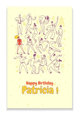 Arkadaşlar doğum günü için yaratıcı kişisel tebrik kartı. Parti dans insanlar. Çizgi vektör çizim
