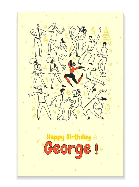 Creative personal greeting card for friends birthday. Party dance people. Line vector illustration — Stock Vector