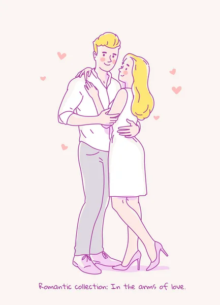 Joven linda pareja abrazo.En los brazos del amor. Ilustración de línea vectorial — Foto de stock gratis