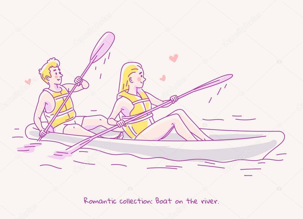 Young couple in love traveling in a boat canoe on the river. Line vector illustration 