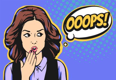 Diana Shurygina Rus televizyon haberleri. Pop art açık ağız ile esmer kız yüz şaşırttı oops veya ooops konuşmak. Konuşma baloncusu olan komik kadın. Vektör çizimi