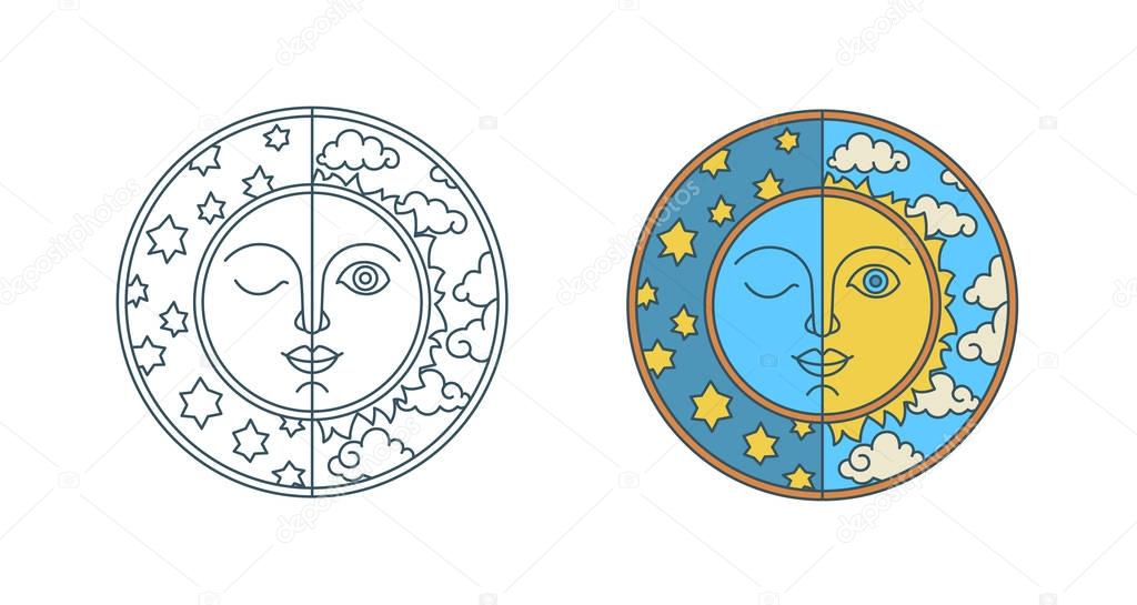 Day of spring equinox and autumn equinox. Chunfen. Sun and Moon with faces on background of clouds and stars. Line flat vector illustration.jpg