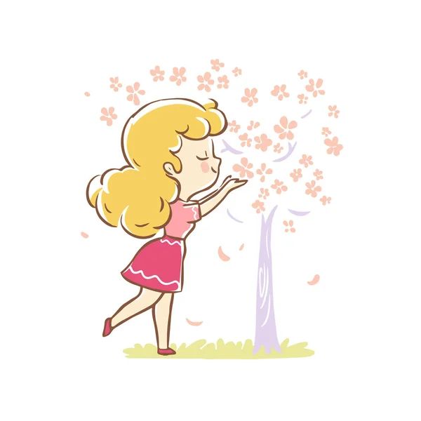 Menina bonito em vestido rosa desfrutar de flor de sakura no fundo branco. Festival japonês de Hanami. Ilustração vetorial simples — Vetor de Stock