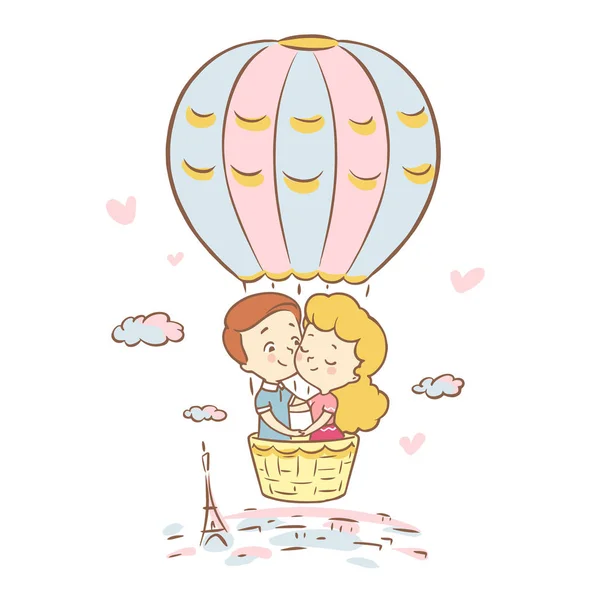 Frumos băiat și fată zboară într-un balon deasupra Parisului. Călătorie în luna de miere în Franța. Ziua Îndrăgostiţilor. Povestea de dragoste. Ilustrație vectorială pe fundal alb . — Vector de stoc