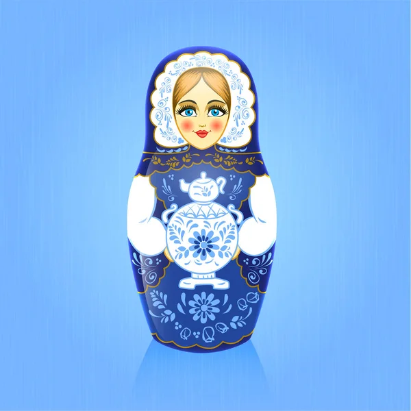 Gzhel Malerei blauen russischen Babuschka oder Matrioshka Puppe mit Samowar auf blauem Hintergrund. Russisches Souvenir. realistische Vektordarstellung — Stockvektor