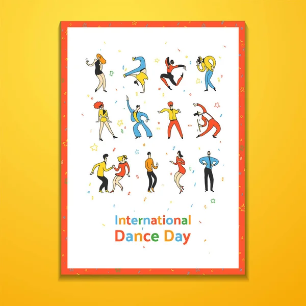 Internationell Dans dagen affisch. Party dance personer. Doodle linje vektorillustration — Stock vektor