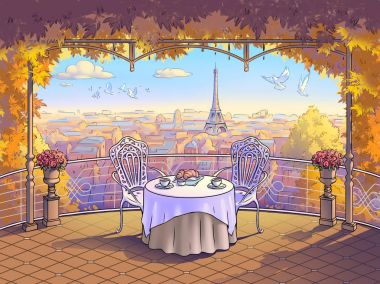 Paris manzaralı bir balkon. Aşık bir çift romantik kahvaltıda. Sonbahar sabahı, kruvasan, güvercinlerin gökyüzünde ile kahve. İllüstrasyon sanat