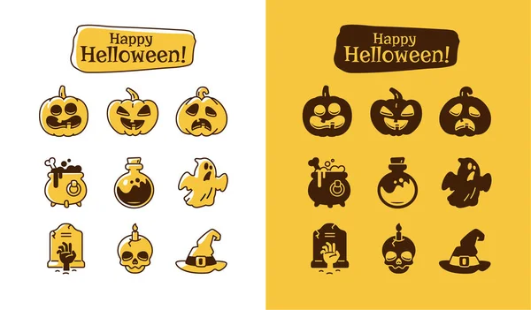 Sett med halloween-ikoner. Feriepiktogrammer med gresskar, spøkelse, magisk hatt, gryte, brygg, hodeskalle, zombie . – stockvektor