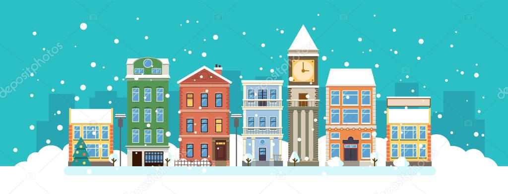 The city in christmas. Winter landscape . Vector flat illustration.