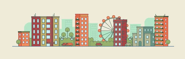 Cor Paisagem Cidade Com Roda Gigante Fundo Verão Ilustração Plana — Vetor de Stock