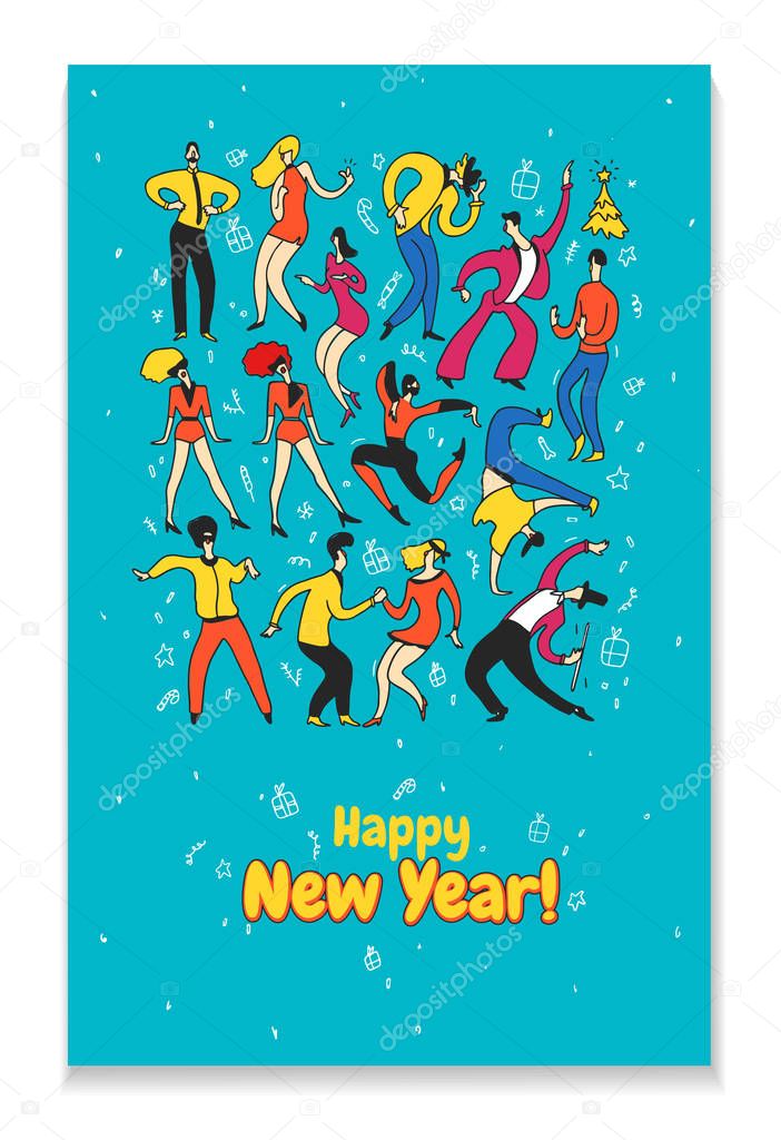 Creative greeting card for New Year. Party dance people. Line vector illustration.