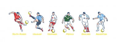 Futbolcular topu başladı. Futbol Dünya Kupası takımlar Güney Kore, Uruguay, Danimarka, Meksika, İngiltere, Arjantin. Renkli vektör çizim