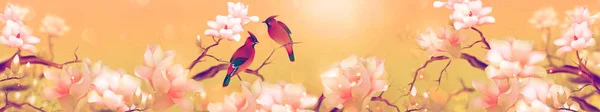 Panorama Tropické Umění Paradise Dva Ptáci Květiny Vanilkové Pozadí Divoká — Stock fotografie