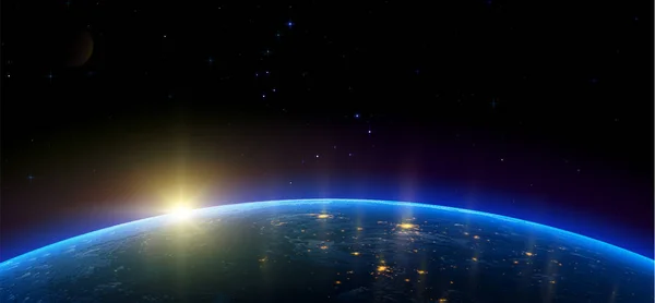 Nacht Uitzicht Aarde Van Satelliet Gloeiende Lichten Van Steden Zonsopgang — Stockvector