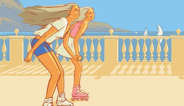 海の遊歩道にローラーブレードで つの幸せな女の子 山とヨットの背景 毛を風に舞います 行ベクトル図 — ストックベクタ
