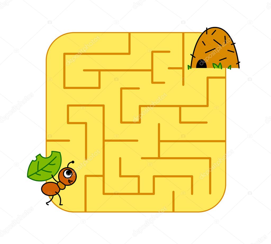 Help baby ant cub find path to anthill. Labyrinth. Maze game for kids. Vector puzzle.
