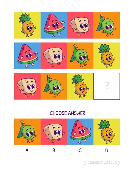 Süße Ananas Wassermelone Tofu Olive Logikspiel Für Kinder Vorschulalter Arbeitsblatt — Stockvektor