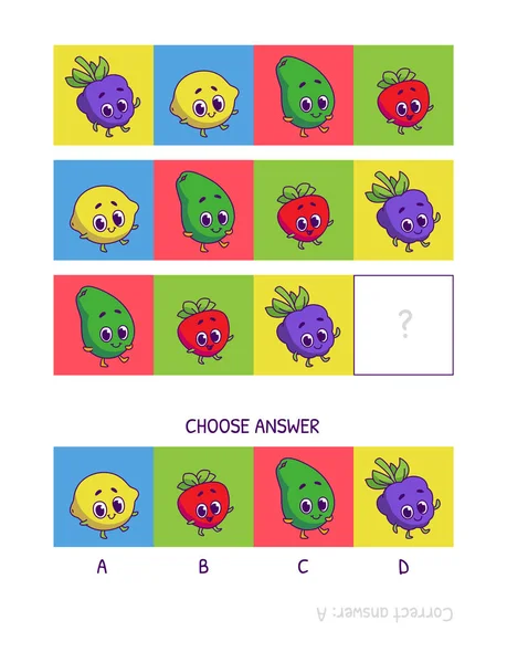 かわいいブラックベリー レモン アボカド ストロベリー 子供のためのロジックゲーム就学前のワークシートの活動は 論理的な思考と心の開発のためのタスク 面白い漫画の果物や野菜 — ストックベクタ